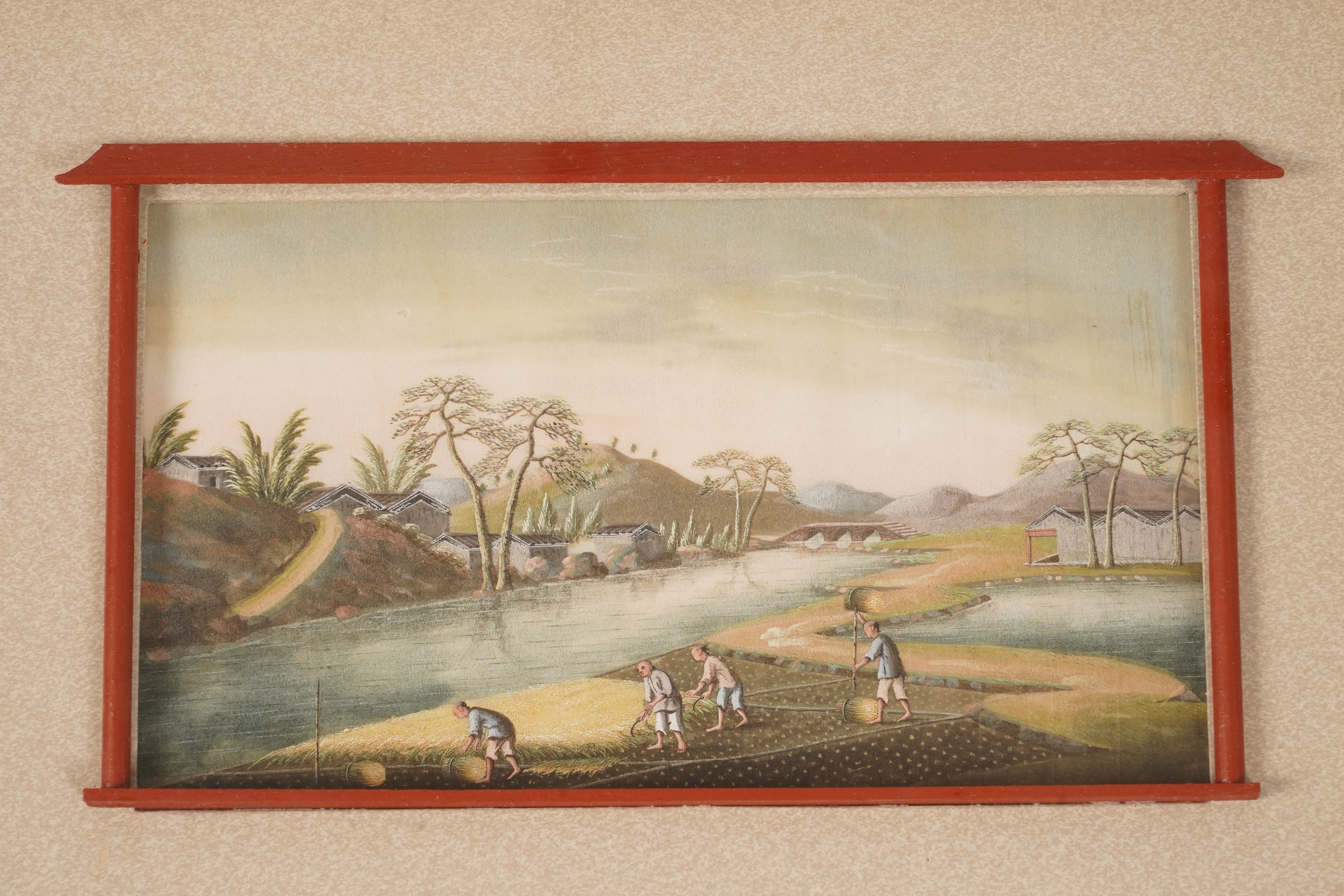 Circle of Youqua , Chinese (Mid 19th century), Scenes of rice or tea production, Six watercolours on pith paper, Image 12cm x 22.5cm